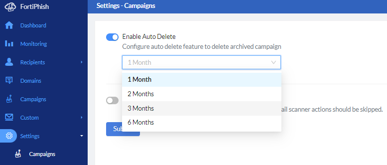 Enable Auto Delete | FortiPhish 24.3.0 | Fortinet Document Library
