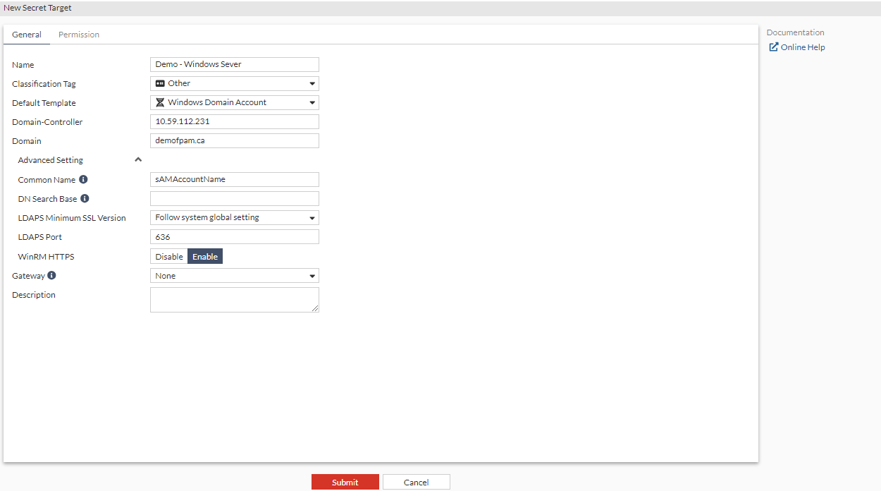 Creating a target with server information as Windows | FortiPAM 1.6.0 ...