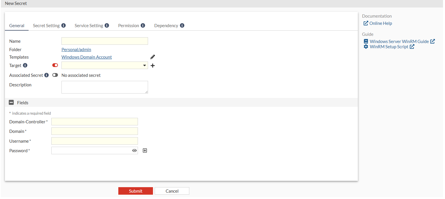 Creating a secret with Windows Domain Account as the secret template ...