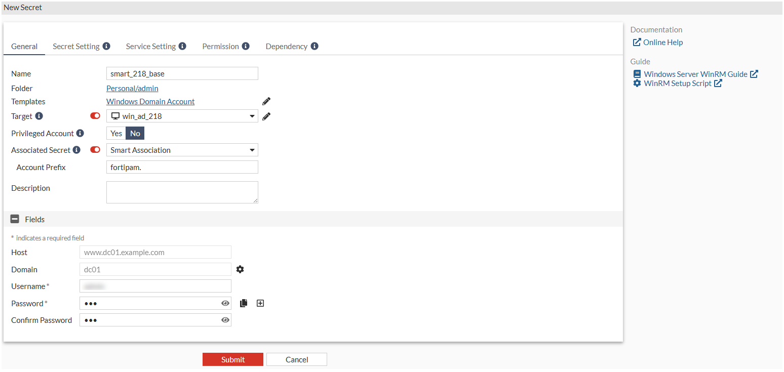 Creating a secret with Windows Domain Account as the secret template ...