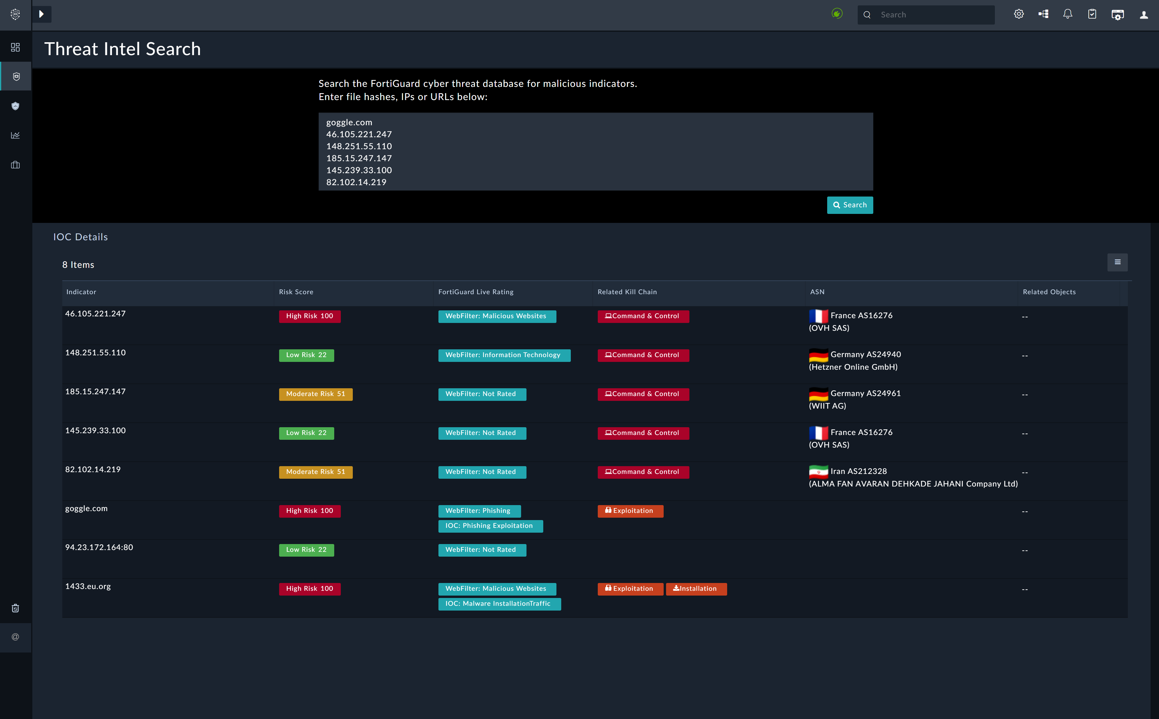 Threat Intel Search Results Page