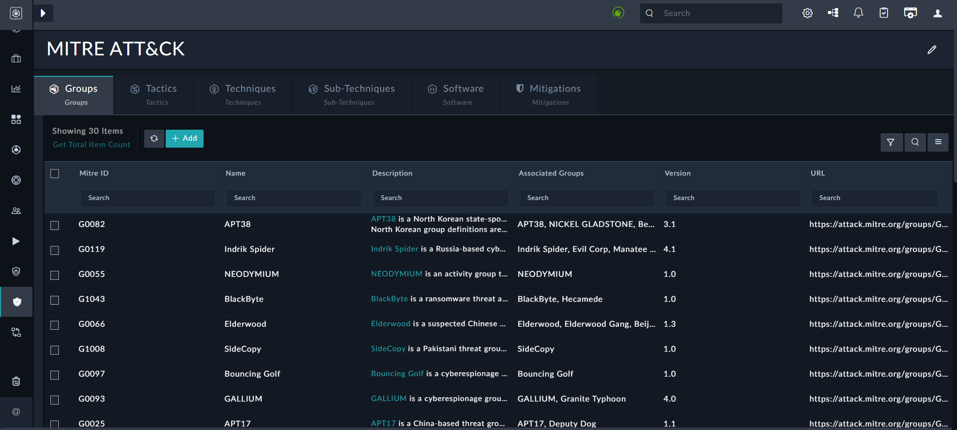 Threat Intel - Mitre Attack page