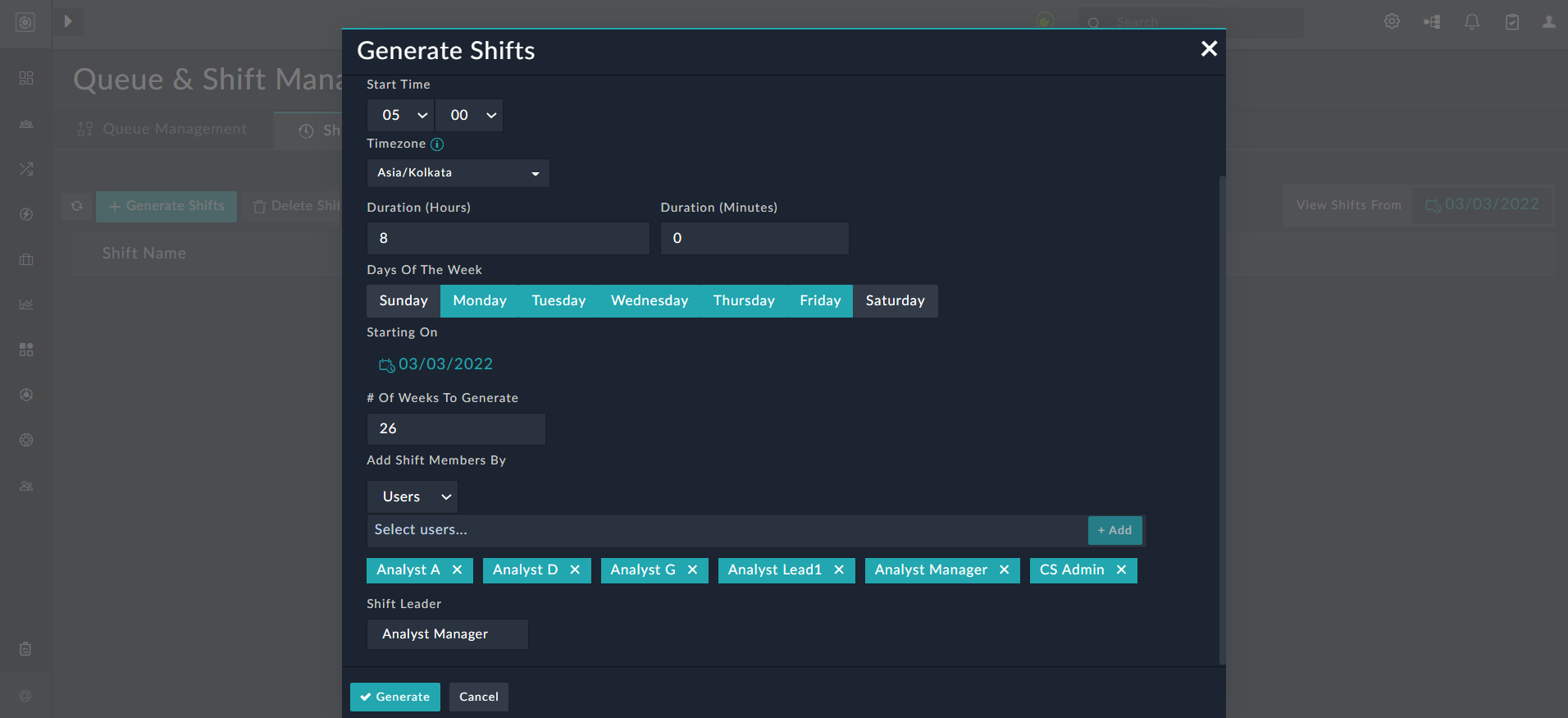Generate Shifts Dialog