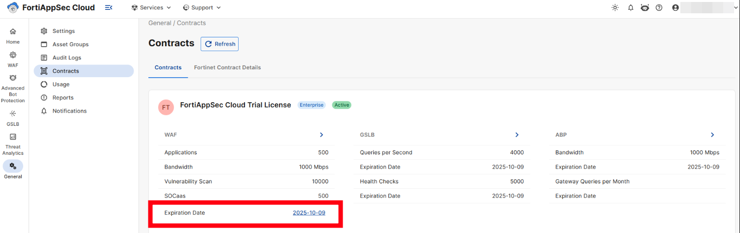 A screenshot of the General > Contracts page, where the trial license's expiration date is highlighted.